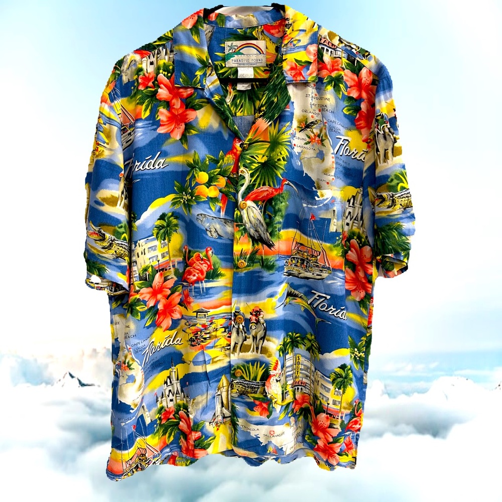 PARADISE FOUND RARE VINTAGE MEN FLORIDA PATTERNS HAWAIIEN SHIRT FROM THE 1980